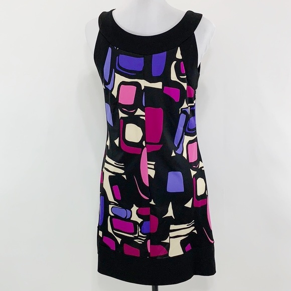 R&K multi color black based slip on dress, EUC - Picture 2 of 7